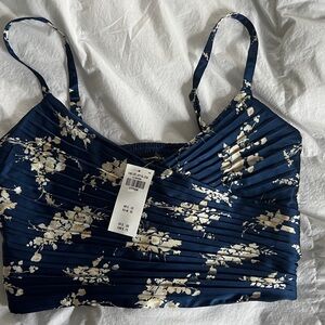 Floral Navy Blue Satin Pleated Crop Top